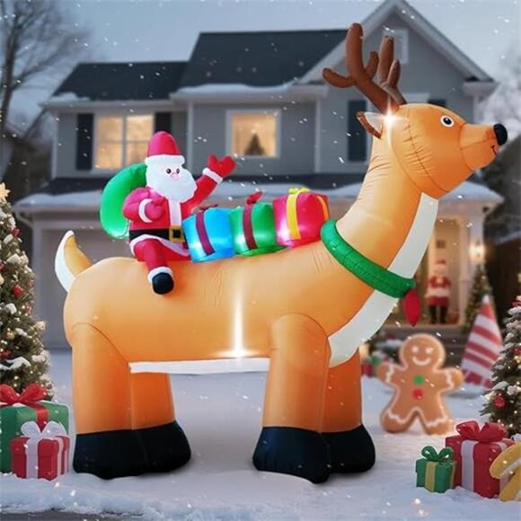 Santa Reindeer Sleigh 12 ft Christmas Inflatable Outdoor  10FT Christmas Inflatables Reindeer and Santa Claus Outdoor Decorations,